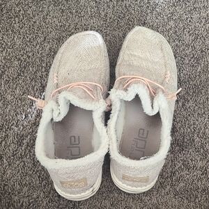 Hey Dude Beige Slip-On Shoes with Pink Accents